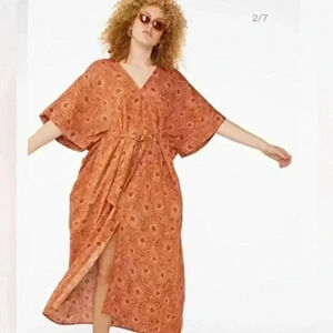 Monki Kaftan Flowy midi dress Yellow flower size M/L Beach resort wear